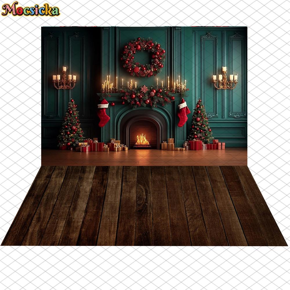 Mocsicka Christmas Photography Backgrounds Tree Decors Family Festival Party Photo Backdrops Green Wall Fireplace Pattern Banner