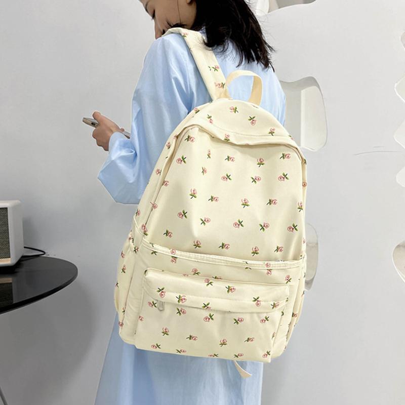 Blomstertrykk Nylon Søt ensfarget ryggsekker for kvinner Mote Årsak All Match Stor kapasitet Vanntett skulderveske Mochila