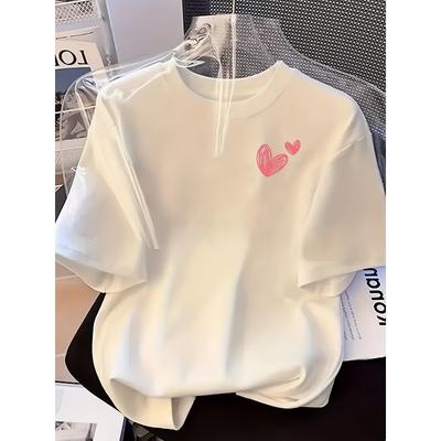 Elegant Women's Shirt, Casual Short-sleeve Round-neck Heart Print T-shirt, Machine Washable - Perfect for Casual Wear and Leisure Outfits