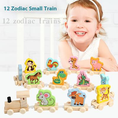 Kindereisenbahn aus Holz mit Zahlen und chinesischen Tierkreiszeichen