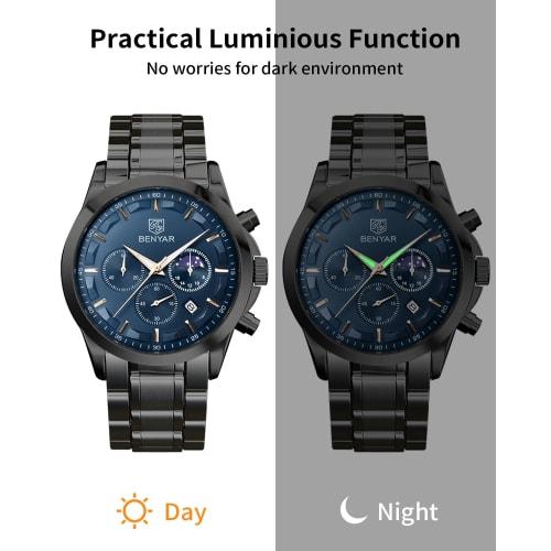 BENYAR Men's Watch Analog Quartz Movement Chronograph Watch Casual Sports Design Stainless Steel Strap 30M Waterproof Elegant Gift for Men Black Blue