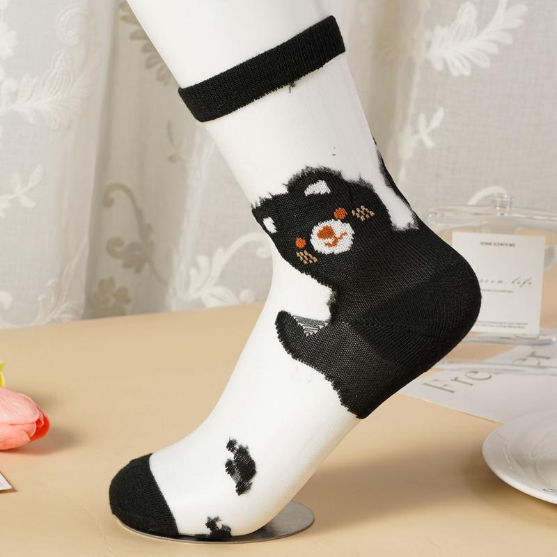 3/5 Pairs Cartoon Bear Sheer Mesh Socks for Women Breathable Transparent Ankle Socks Thin Summer Socks Cute Animal Pattern Socks