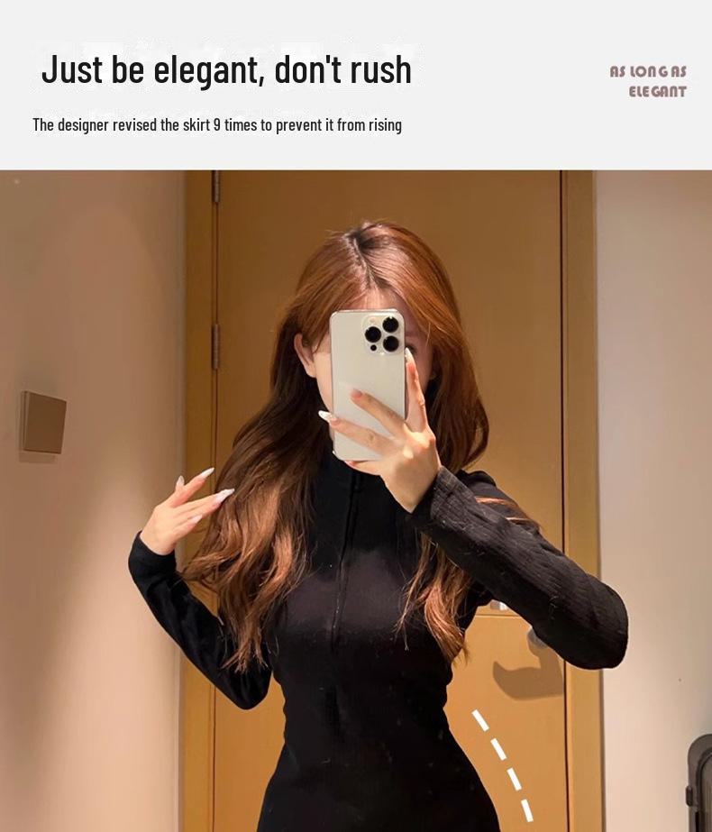 2025 New Women's Black Knitted Long-Sleeve Dress – Trendy, Slim-Fit Short Skirt for Spring & Autumn