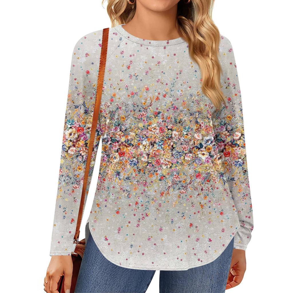 Womens Plus Size Tops Long Sleeve Shirts Round Neck Flowy Tunic Casual Loose Blouse L-5X