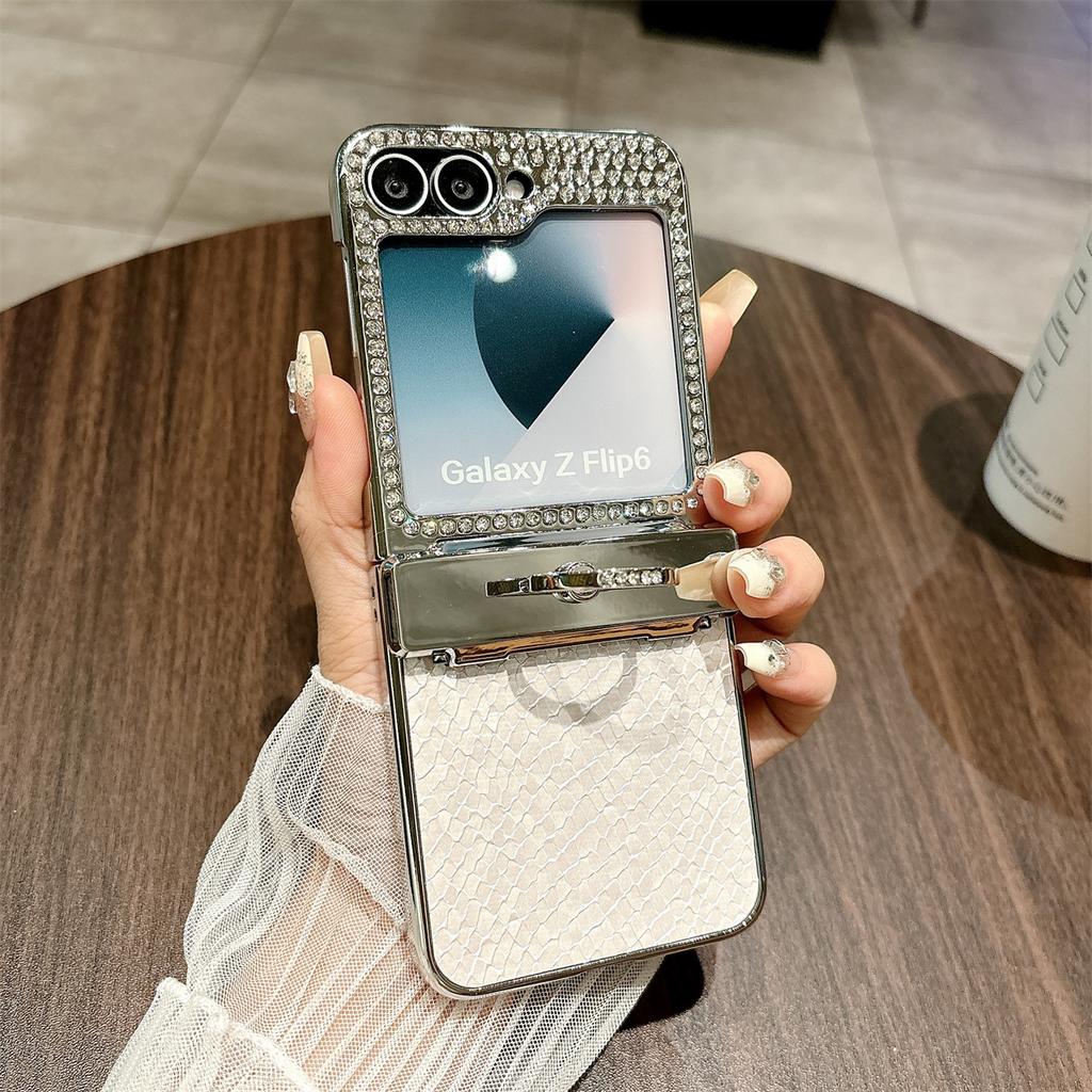 For Samsung Galaxy Z Flip7 FE 5G/Z Flip6 5G Case Fish Scale Texture Ring Holder PC Rhinestone Phone Cover
