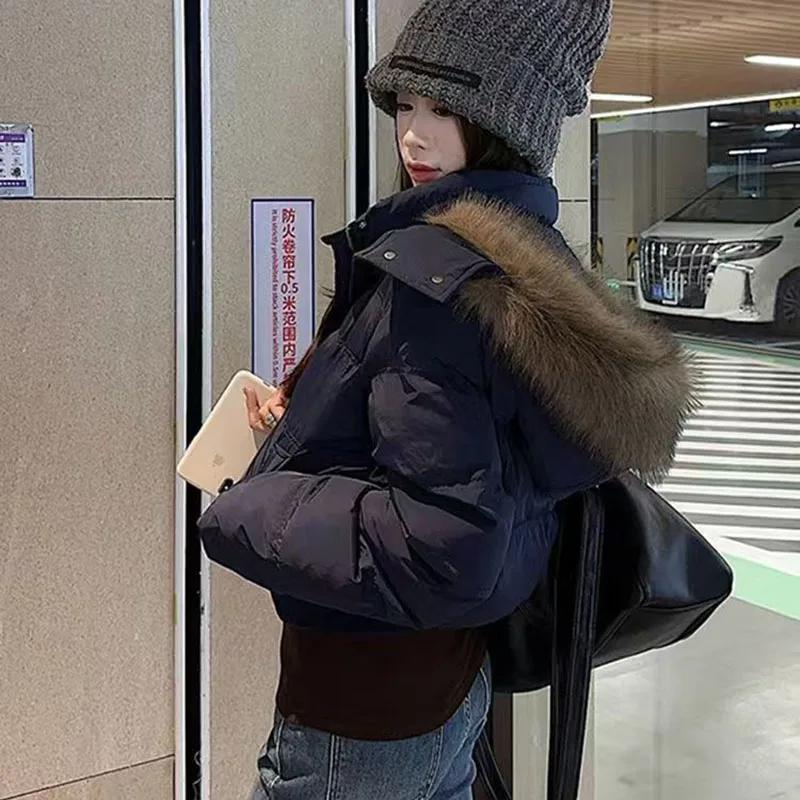 Korean Fur Collar Hooded Parkas Ladies Fashion Design Cropped Cotton Padded Winter Jacket Female Blue Casual Warm Parka Coats