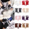 Women Lady Suede Leather Winter Wrist Mitten Rabbit Fur Fingerless Gloves Winter Glove