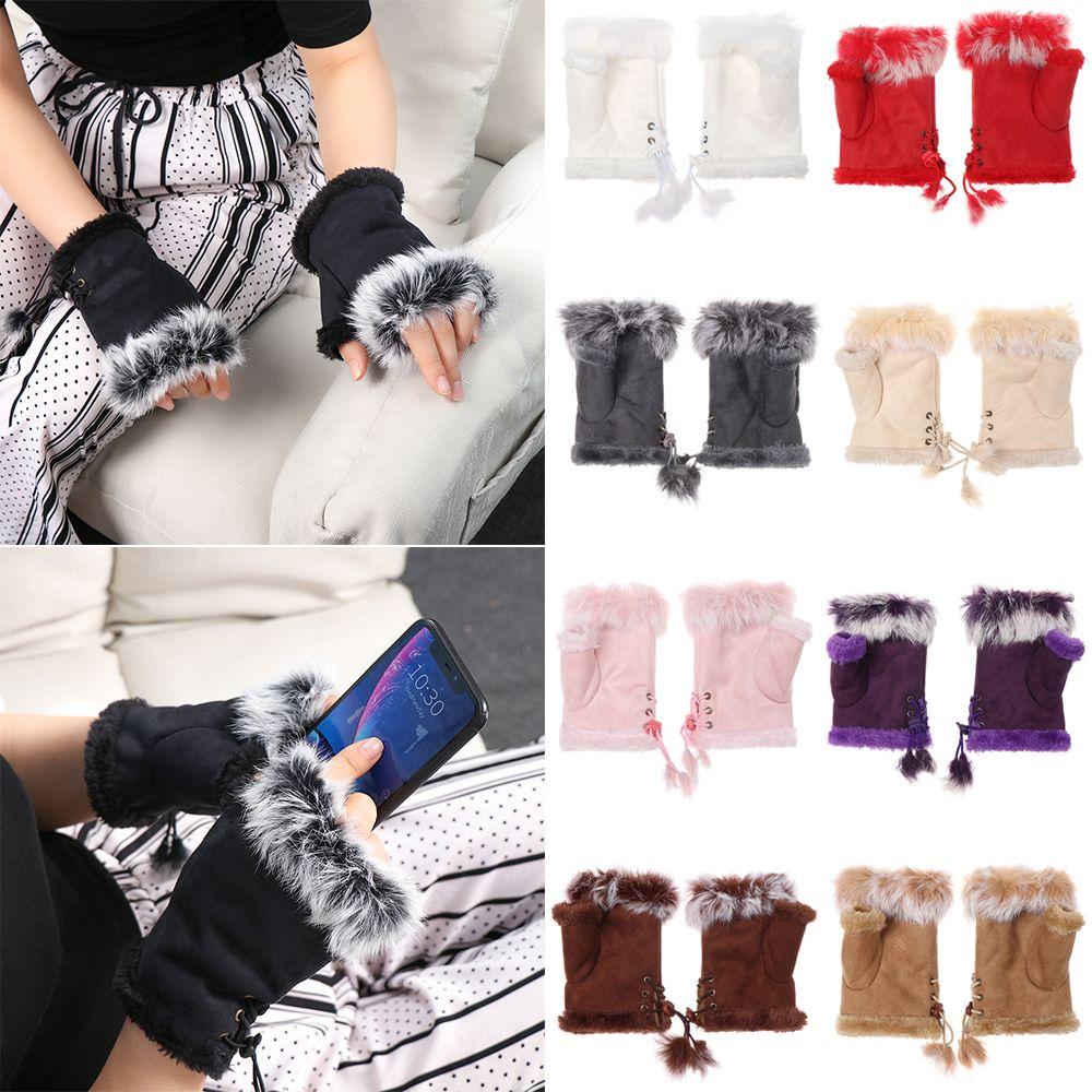 Women Lady Suede Leather Winter Wrist Mitten Rabbit Fur Fingerless Gloves Winter Glove