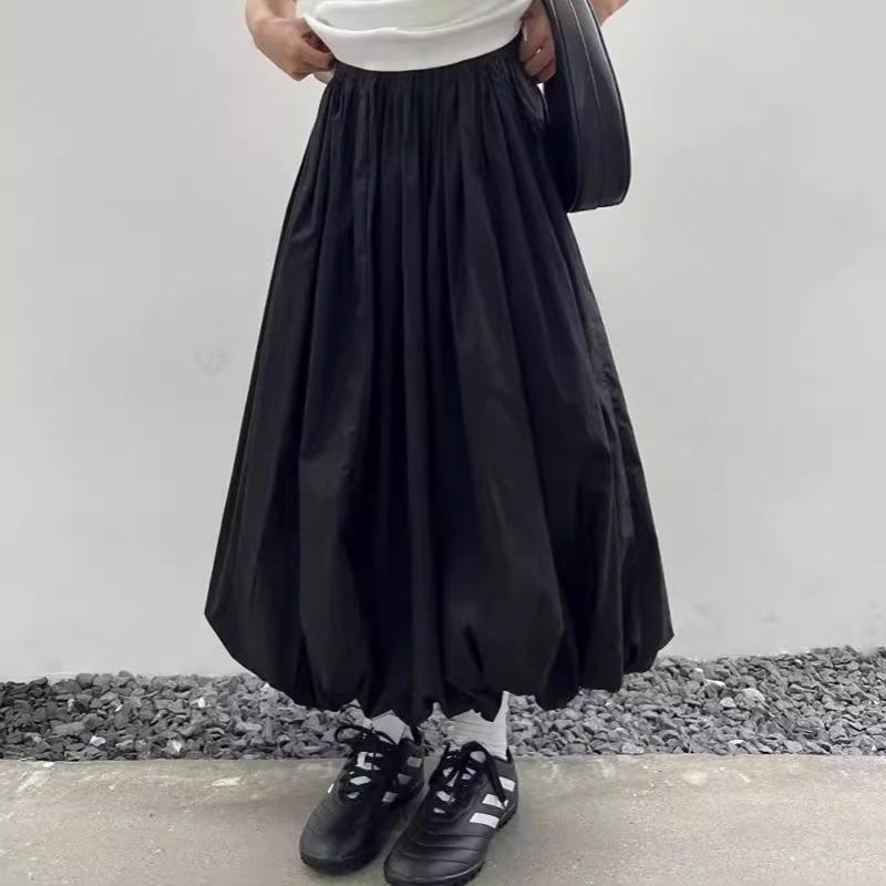 Women Casual Solid Color Long Lantern Skirt With Pocket Personality Elastic Waist Flower Bud A-line Skirt QT2307