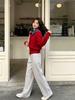 Retro denim splicing fake two-piece sweater jacket women's clothing autumn and winter new design lapel age-reducing knitted cardigan