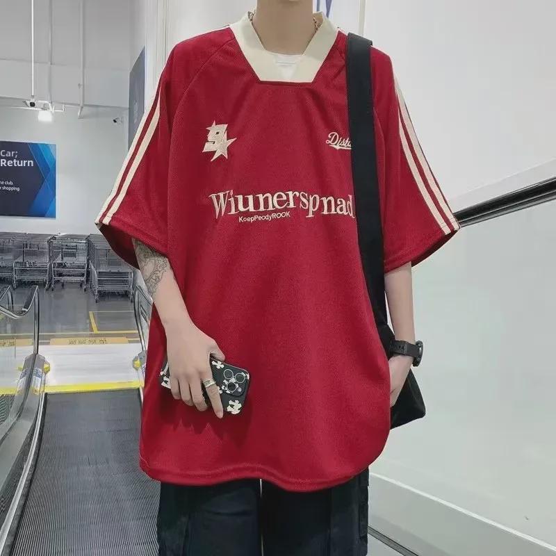 Unisex Retro V-Neck Embroidered Colorblock Half-Sleeve T-Shirt