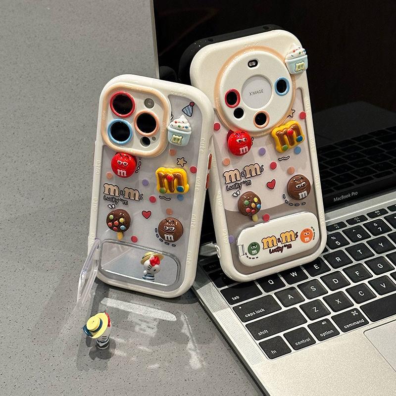 Contrast Color Small Fun M Beans Suitable for Apple 16 Mobile Phone Case Three Dimensional with Bracket IPhone 15 Mobile Phone Case Anti Fall 17