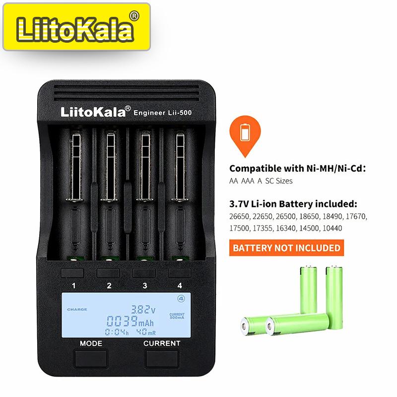 LiitoKala Lii-500 Smart Charger for 18650/26650/AA/AAA/Ni-MH/Li-ion, LCD Display, Capacity Tester, Independent Slots, Protection