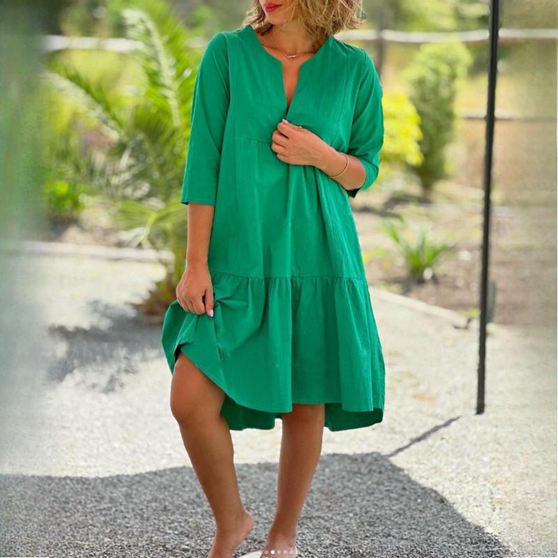 GMXIA Sommer Damen Frisch Süß V-Ausschnitt Reine Farbe Baumwolle Leinen Swing Casual Lange Kleider