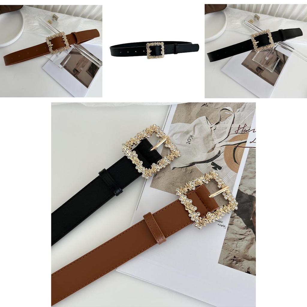 Stylish New Alloy Buckle Women's Belt Perfect For Dresses And Coats With Rhinestone Detailing In Black And Camel Color
