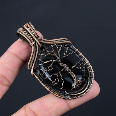 Arbre de vie Onyx noir pierre précieuse pur fil de cuivre enveloppé bijoux faits à la main pendentif