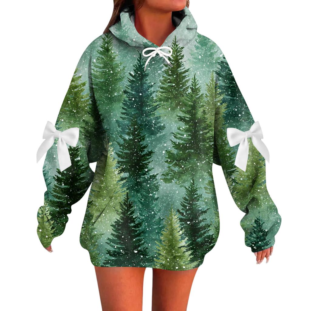 Ladies' Christmas Printed Bow Long Sleeved Loose Fitting Headband With Rope Hooded Sweatshirt Top