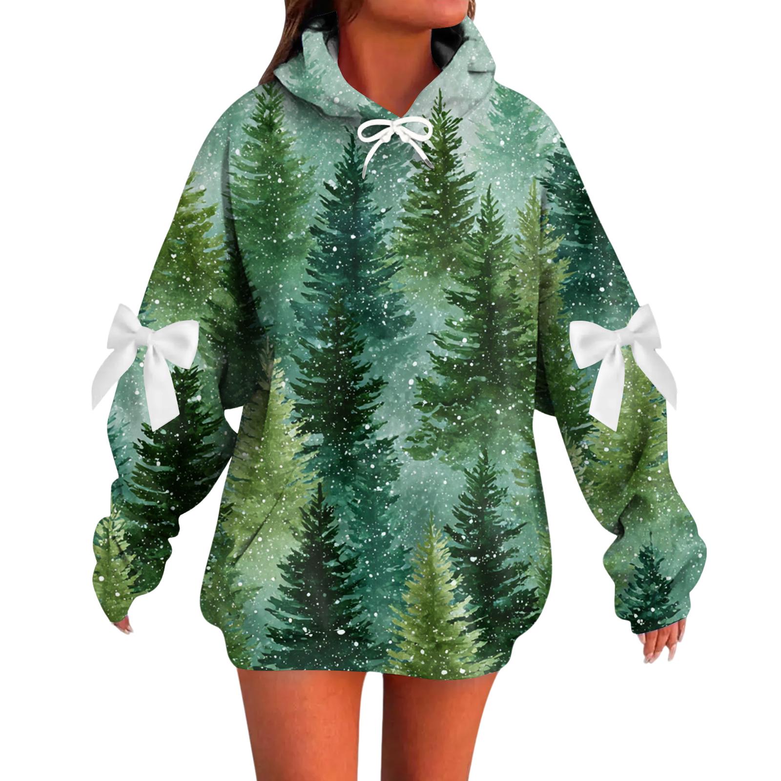 

Женский рождественский с принтом банта, с длинными рукавами, свободного кроя, повязка на голову с веревкой, худи-топ с капюшоном L зелёный