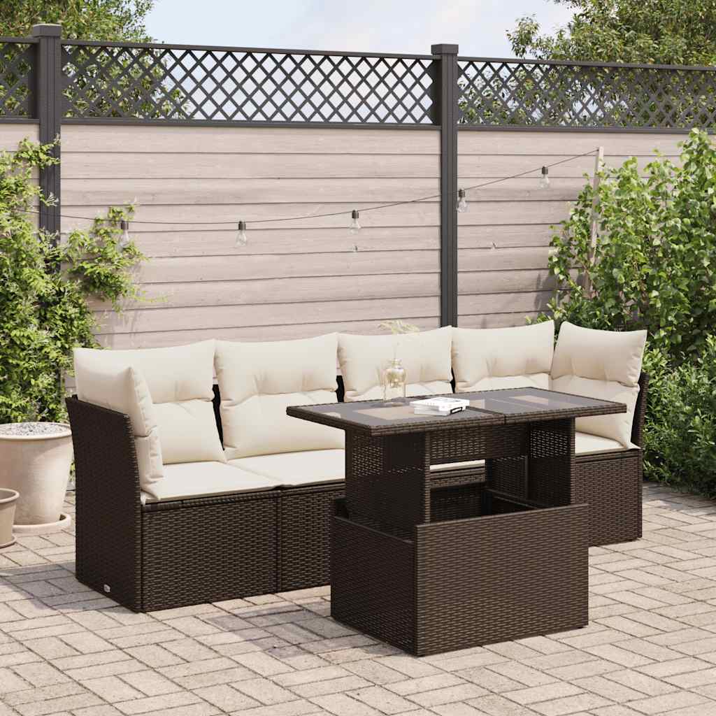 5 Piece Garden Sofa Set with Cushions Brown Poly Rattan