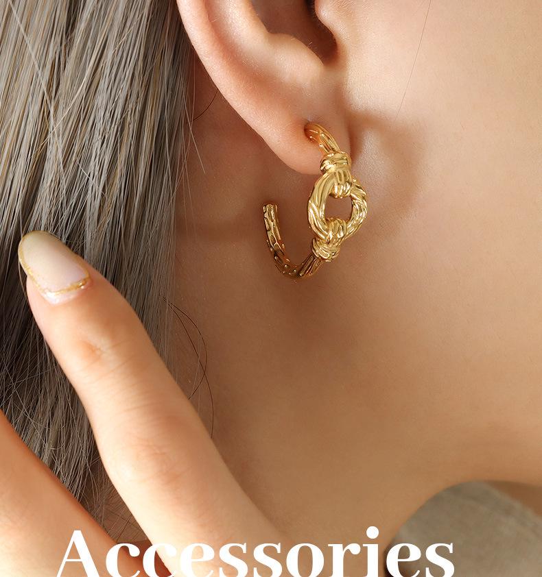 Elegant Geometric Knot Earrings: C-Shaped, Titanium Steel, Gold-Plated, European & American Chic Style