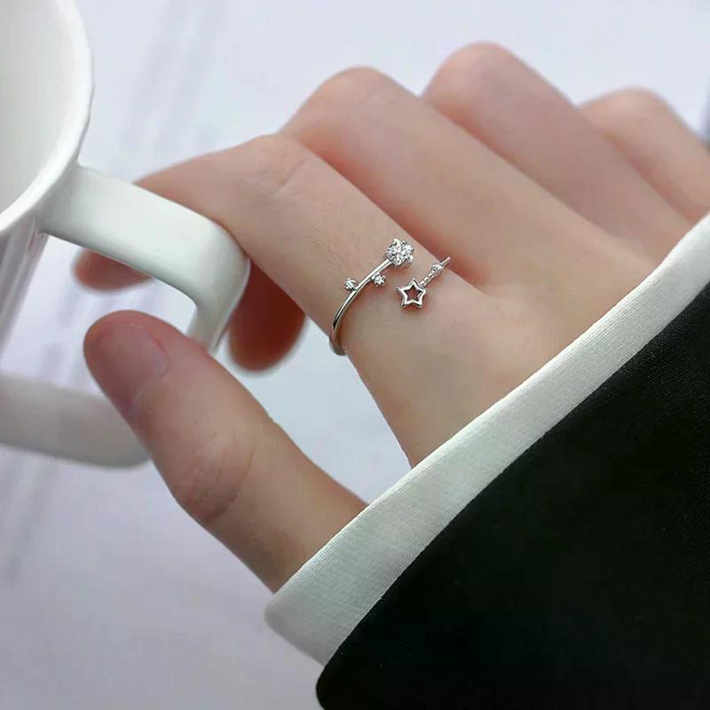 Silver Color Hollow Five-pointed Star Rings For Women Korean Style Opening Adjustable Finger Ring Inlaid Zircon Wedding Jewelry