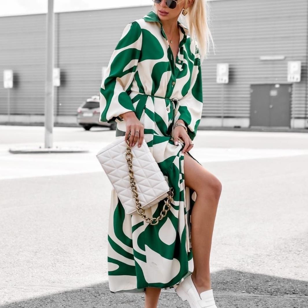 

QICED Осенняя мода с принтом, повседневная длинная юбка с карманом и шнуровкой, платье-рубашка XL зелёный