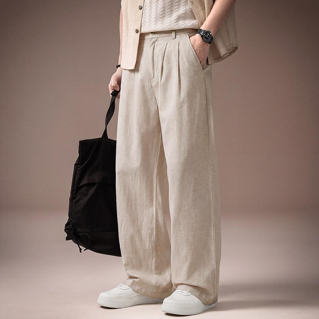 High-end American Old Money Style Business Pleated and Drape Casual Pants Men's Summer Thin Tencel Linen Suit Pants