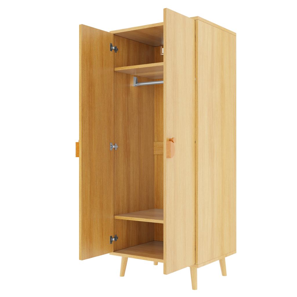 Kleiderschrank (Einzelstück 70 × 55 × 170 cm), Doppeltürdesign mit großen Staufächern, griffförmige Cartoon-Griffe und erhöhte Füße, Holzfarbe