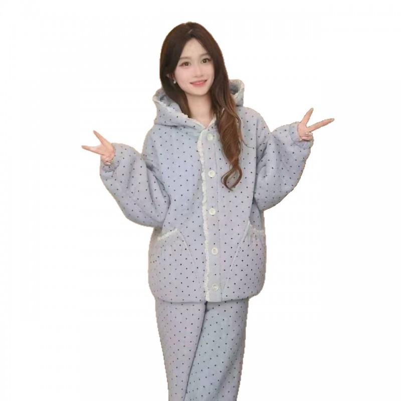 Womens Winter Hooded Pajama Set Thick Warm Fleece Loungewear Home