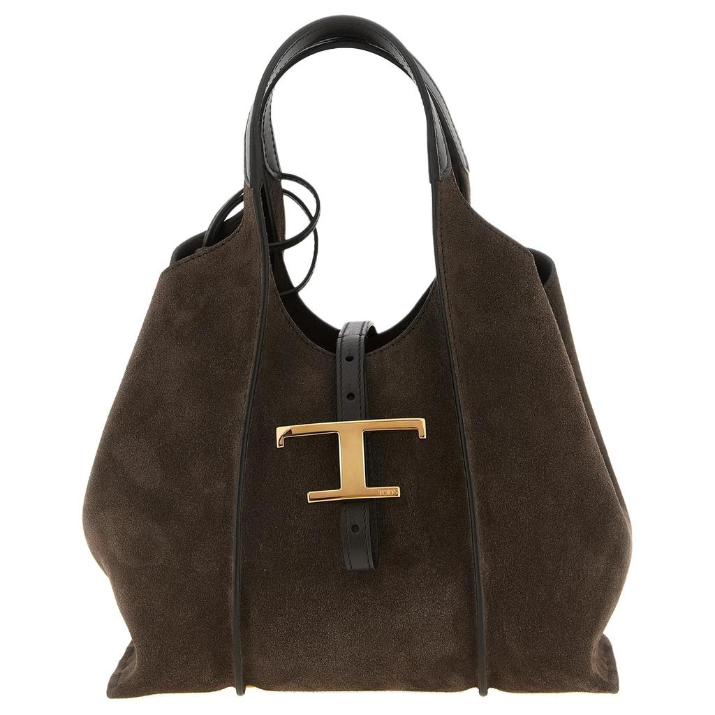 Tods T Timeless Logo da Marca Ferragens Douradas Couro de Bezerro Bolsa Tote Bolsa de Compras Bolsa de Mão Mini Bolsa Tote Feminina Marrom XBWTSBA9100P3AS808