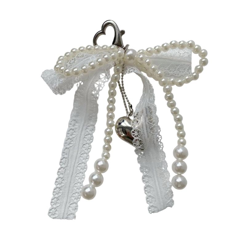

Elegant Lace Bows Keychain With Faux Pearls Detail For Women Girls Fashionable Bag Accessory Gift Alloy Keyring белый
