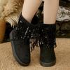 2025 Independent Station Foreign Trade New Round Head Suede Casual Women's Leather Boots Sleeve Fringed Boots Thick High School Heel Women's Shoes