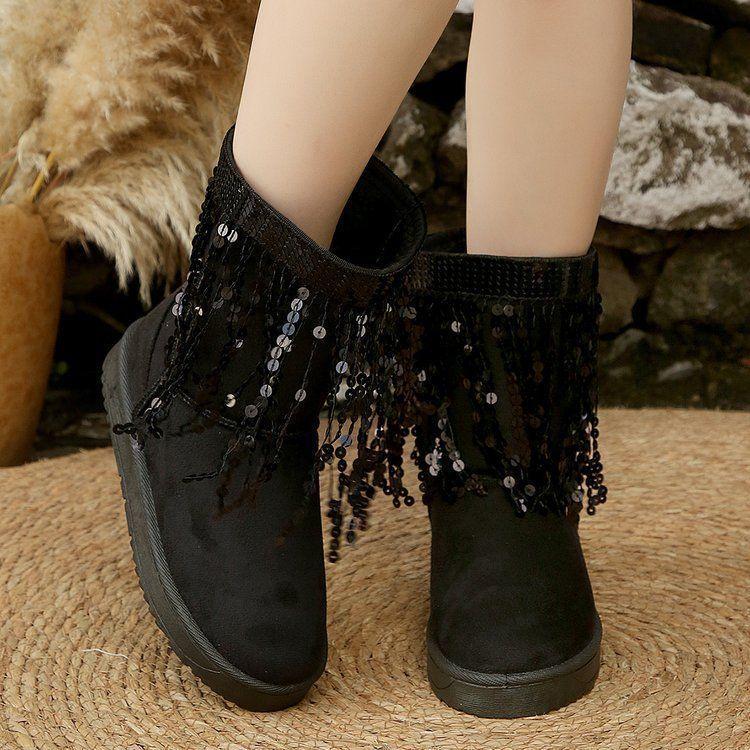 2025 Independent Station Foreign Trade New Round Head Suede Casual Women's Leather Boots Sleeve Fringed Boots Thick High School Heel Women's Shoes