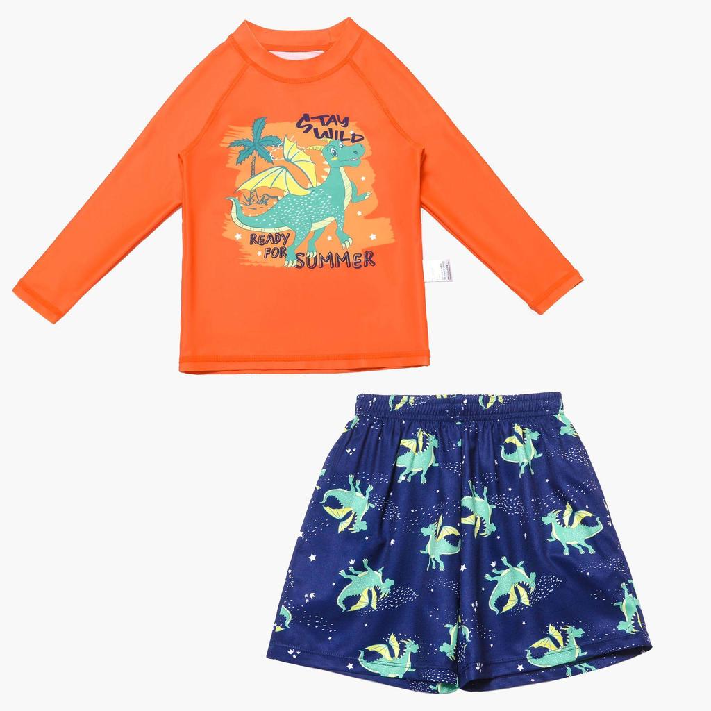Boys' Long Sleeve Graffiti Print Swimsuit - 2025 Two-Piece Set