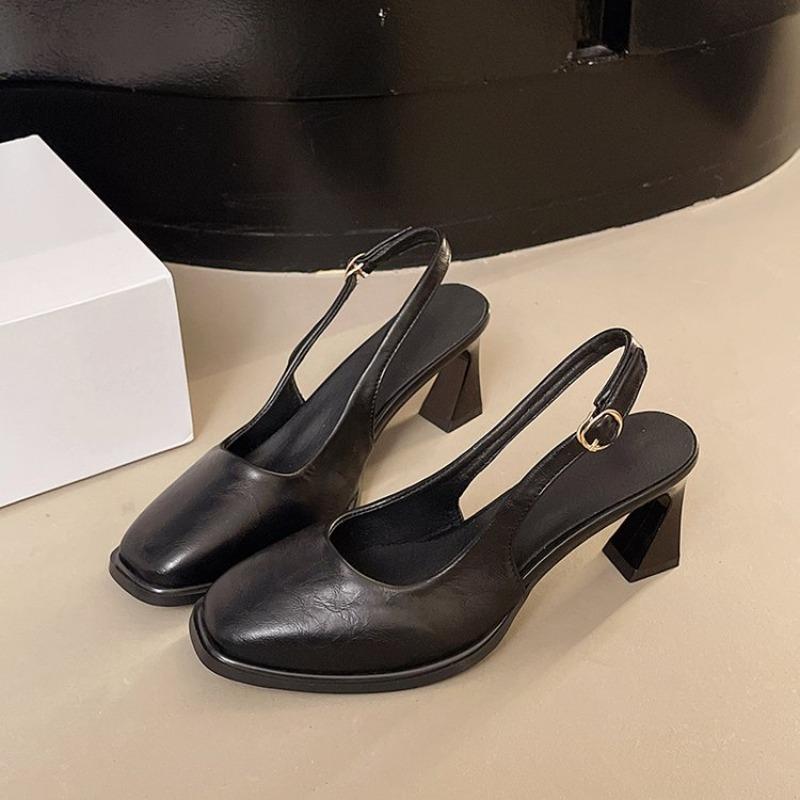 Fashion High Heels Women's Sandals Square Toe Buckle Pumps Fad Slingback Shoes 2025 Summer New Brand Chunky Shallow