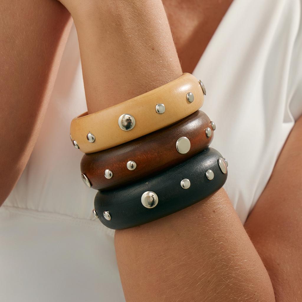 6 Styles Brown Wooded Bracelets Bangles for Women Men Punk Irregular Geometric Rivet Beads Wide Bangle Jewelry Birthday Gifts