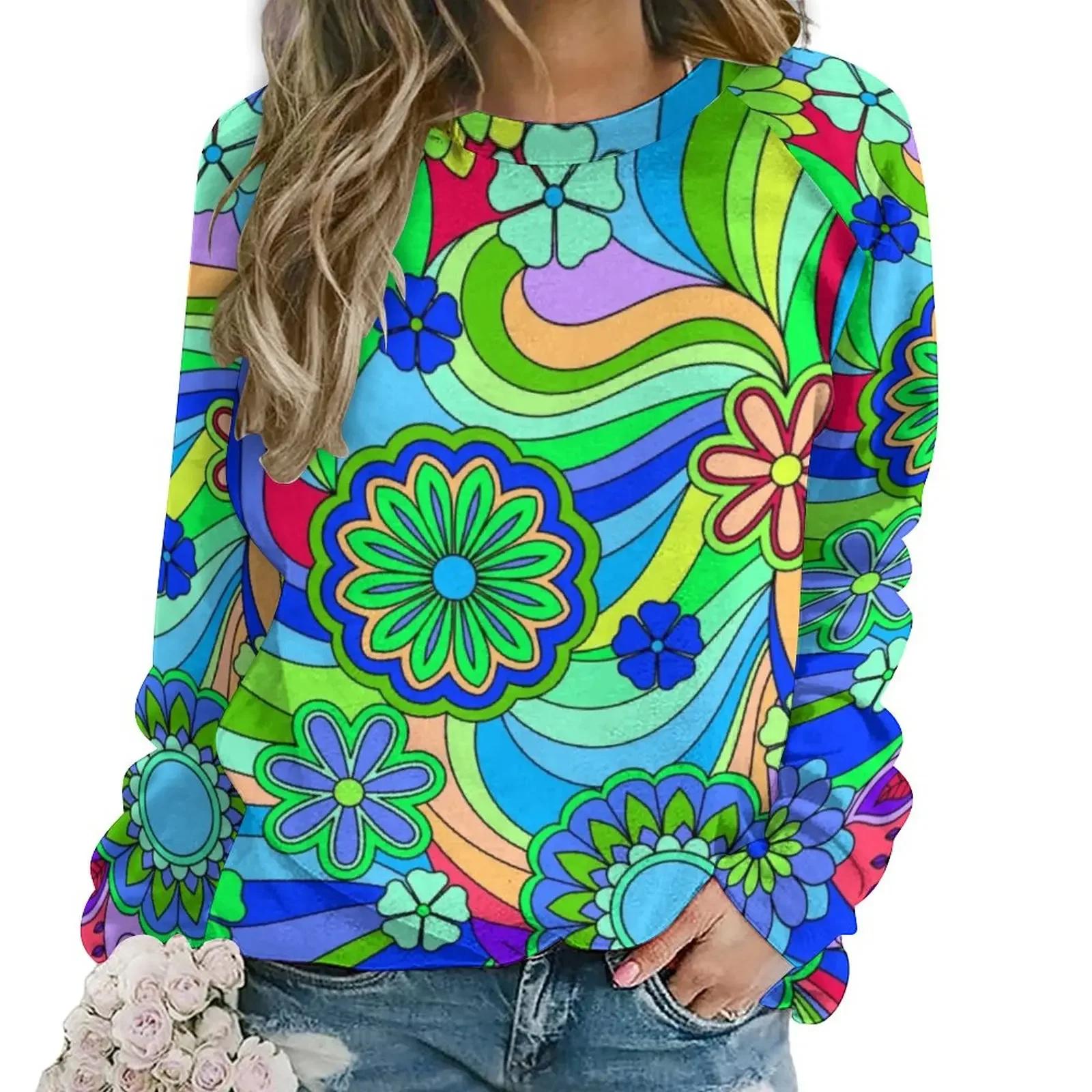 

Ретро Груві Хіпі Худі Жіночі Пейслі Квітковий Принт Хараджуку Повсякденне Худі Зима Довгий Рукав Гарний Дизайн Топи 2XL 3XL 8xl