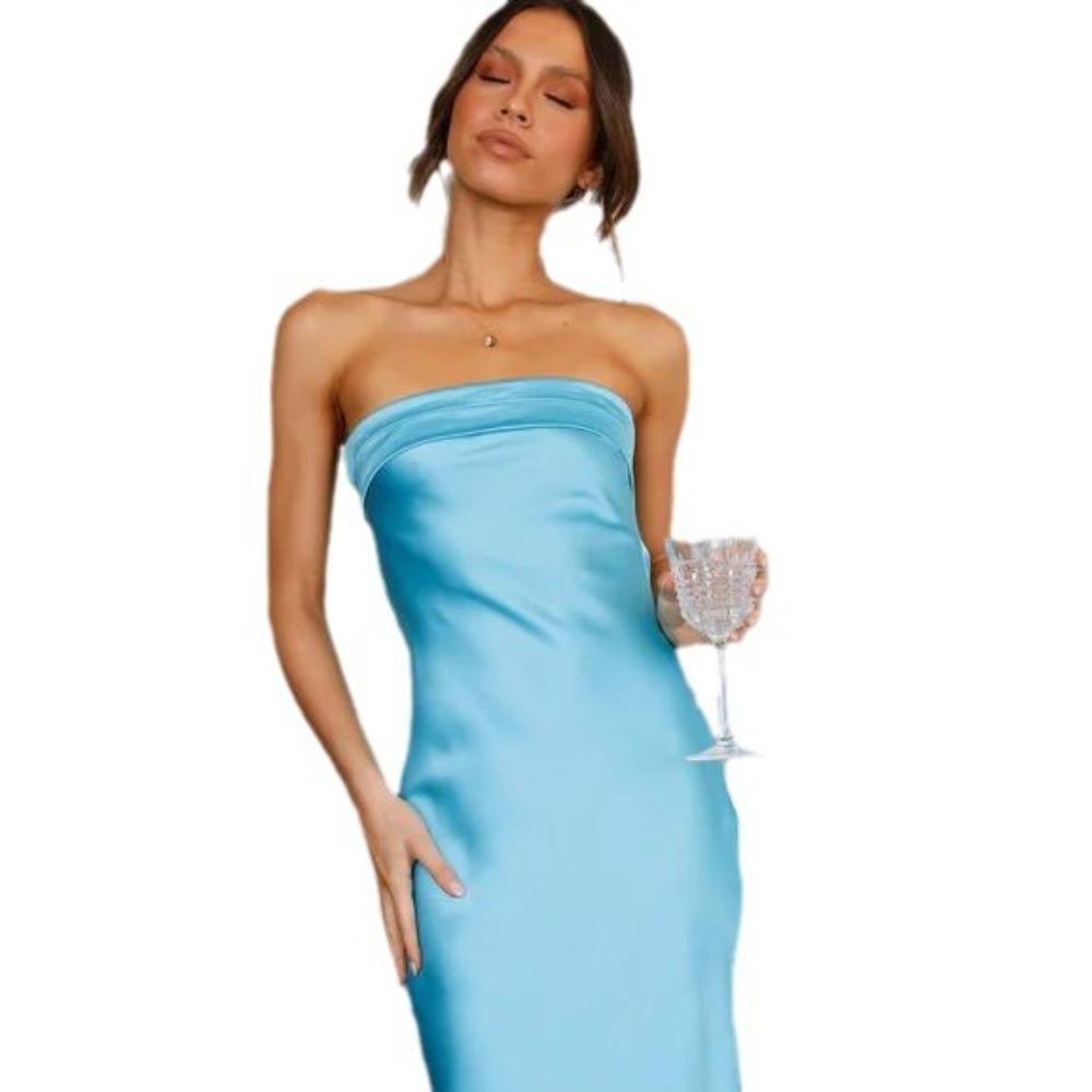 Spring and Summer New Style Elegant Lady Satin Backless Tube Top Dress Print