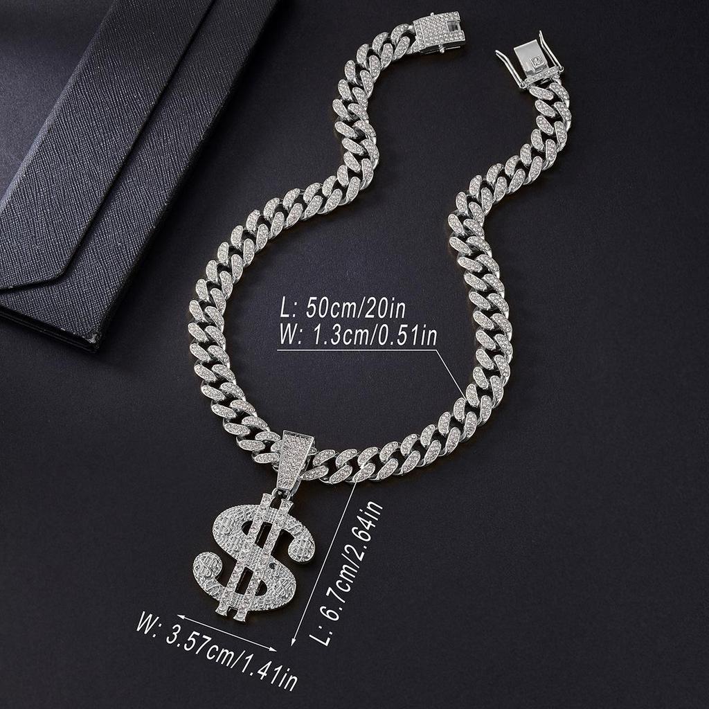 Men's Cuban Chain with Rhinestone Dollar Pendant - Trendy Punk Hip-Hop Necklace