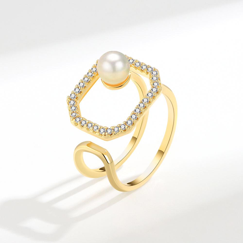 Minimalist Geometric Square Pearl Open Ring For Women Unique Chic Fashion Statement Finger Jewelry Accessory Adjustable opening золотой