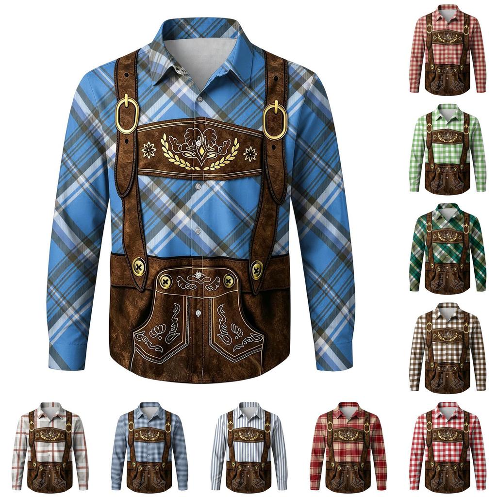 Men’s 3D Printed Plaid Long Sleeve Button Down Shirt with Classic Collar Relaxed Fit for Festival Party Outdoor Casual Wear