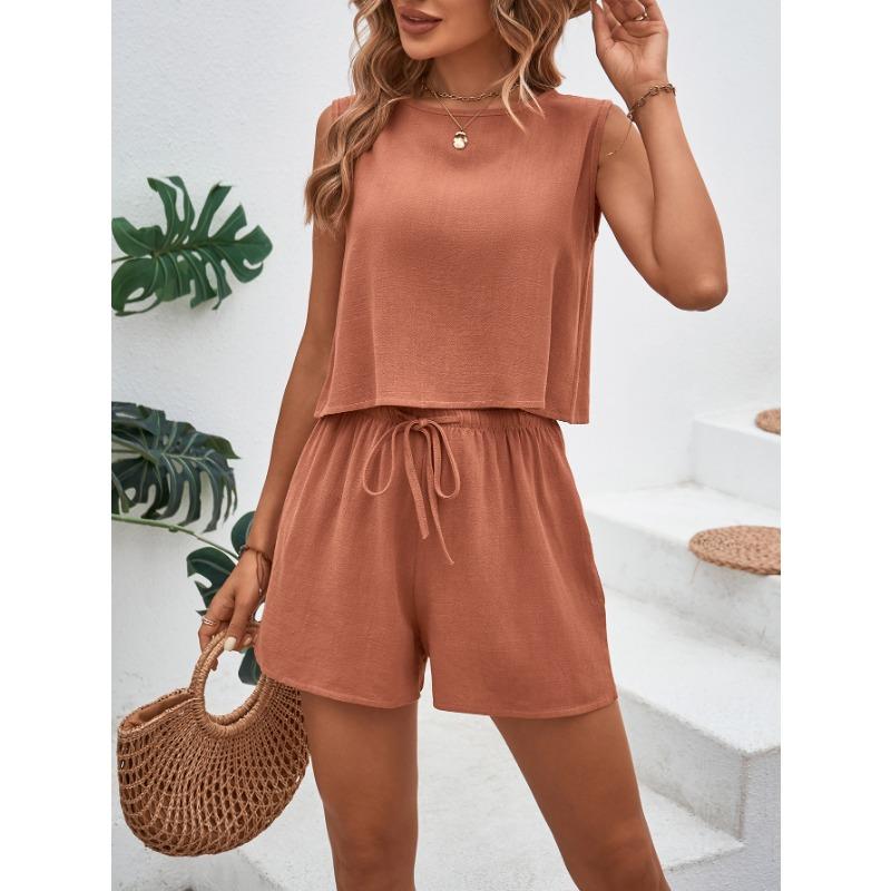 Damen Europäisches Lässiges Mode Zweiteiliges Set Ärmelloses Tanktop Und Shorts