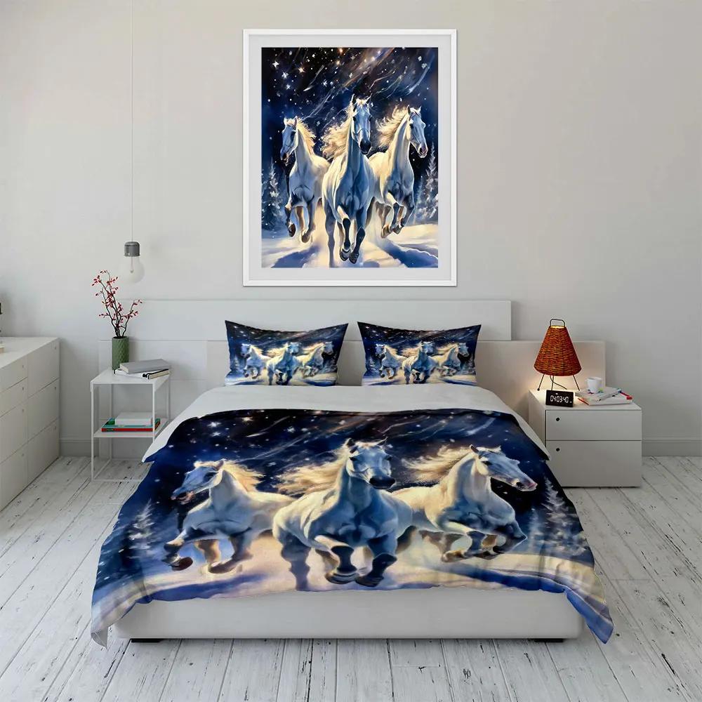 Winter Horses Artistic Print Decor Soft Comfortable Duvet Cover Bedding Set Included 1*Duvet Cover & 2*Pillowcases Gift