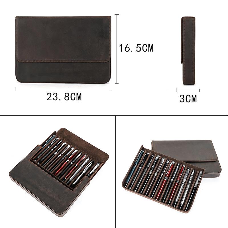 Crazy Horse Leather Pencil Case 12 Packs Handmade Magnetic Drawer Type Student Office Pen Storage Case