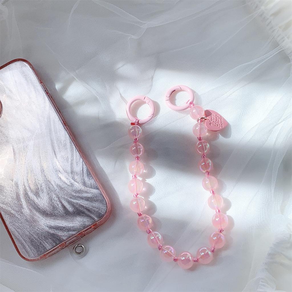 Clear Phone Lanyard Short Style Wrist Strap Love Heart Handmade Beads Bracelet Pendant Lanyard Wide Wrist Strap AntiLoss Lanyard