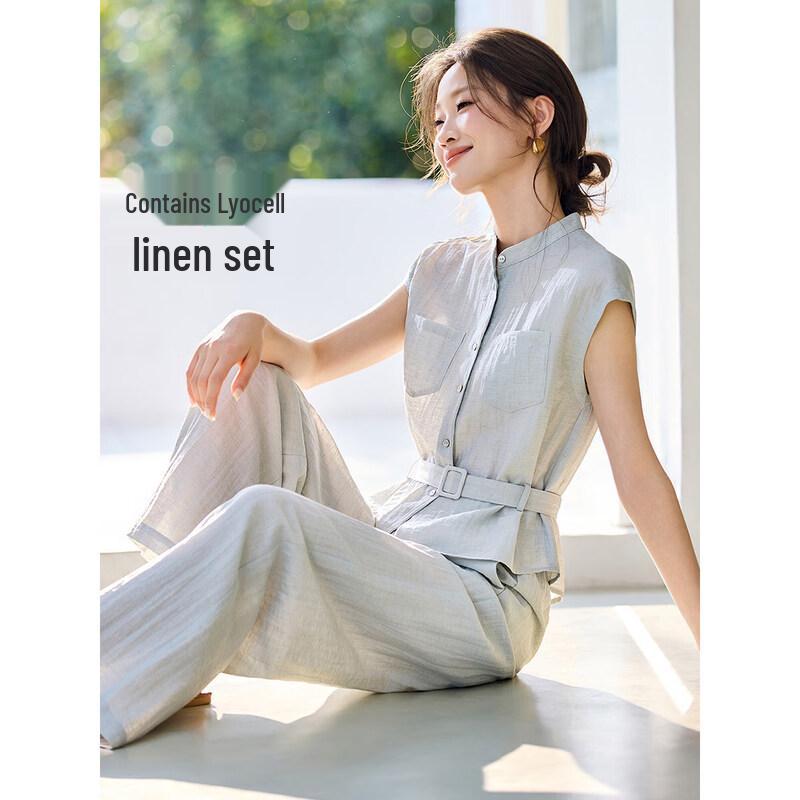 Women s Summer Commuter Stand Collar Belted Shirt & Wide-Leg Pants Set 2XL