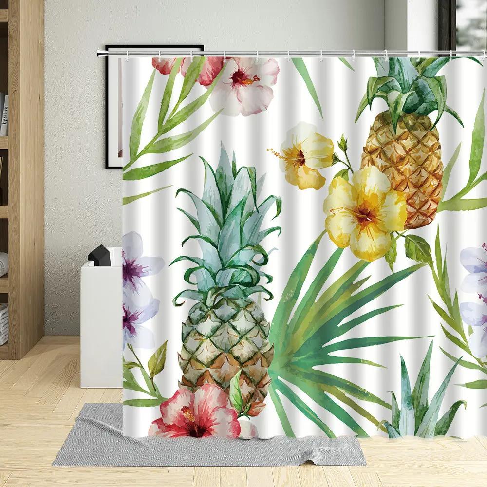 Tropical Pineapple Shower Curtains Watercolor Fruit Leaves Palm Leaf Flower Plant Bath Curtain Sets Modern Fabric Bathroom Decor