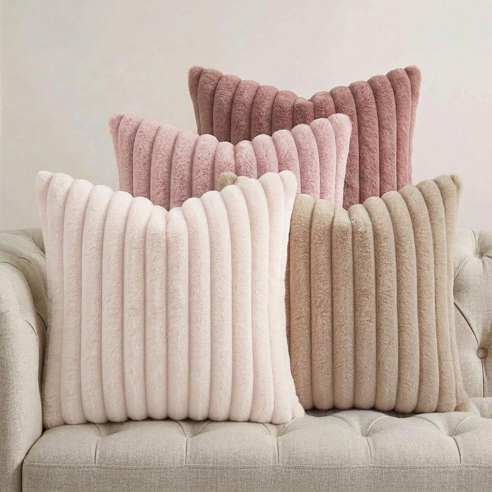 4PCS Soft Plush Pillowcases, Solid Color Striped Faux Rabbit Fur Pillowcases, Living Room Sofa Cushion Covers