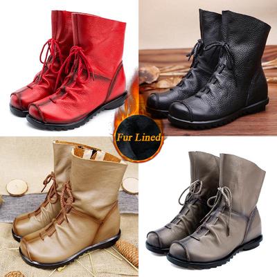 Echtes Leder Damen Stiefel mit Fell Weiches Rindsleder Damen Winterschuhe Stiefeletten