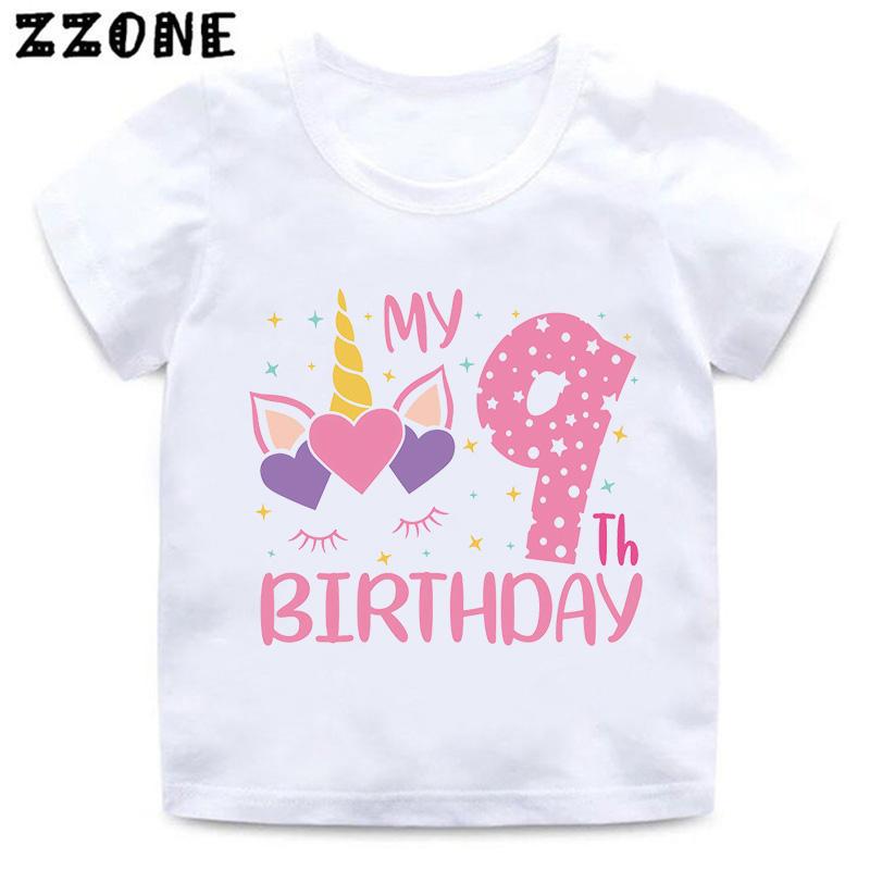 My 1 2 3 4 5 6 7 8 9 Th Years Birthday Unicorn Print Cute Girls Clothes Summer Short Sleeve Kids T Shirt Baby Boys TShirts